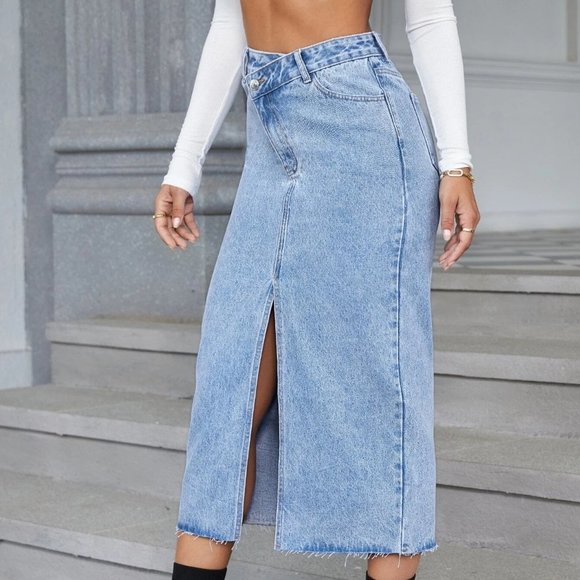 High Waist Split Hem Denim Skirt - Picture 4 of 4